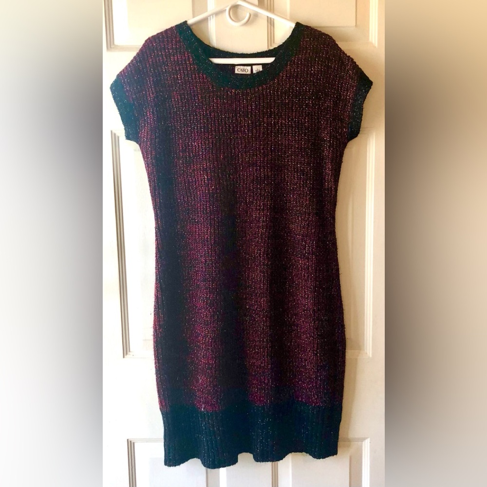 Cato Red Black Metallic Silver Short Sleeve Chunky Knit Fitted Midi Dress Large